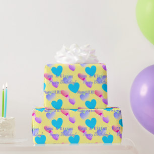 Personalised Birthday Hearts Hugs & Kisses Yellow  Wrapping Paper