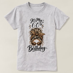 Personalised Birthday Leopard Bow Messy Bun Woman T-Shirt