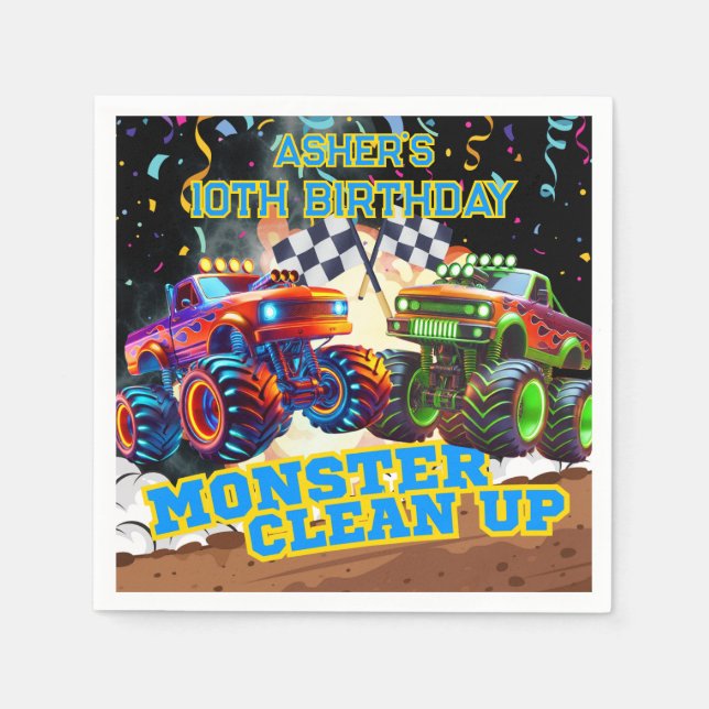 Personalised Birthday Monster Truck Showdown Napkin (Front)