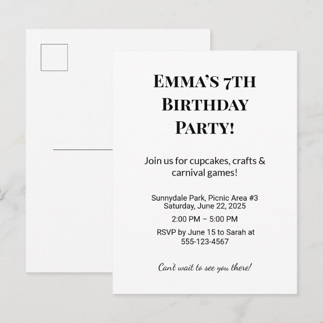 Personalised Birthday Party Announcement Postcards (Front/Back)