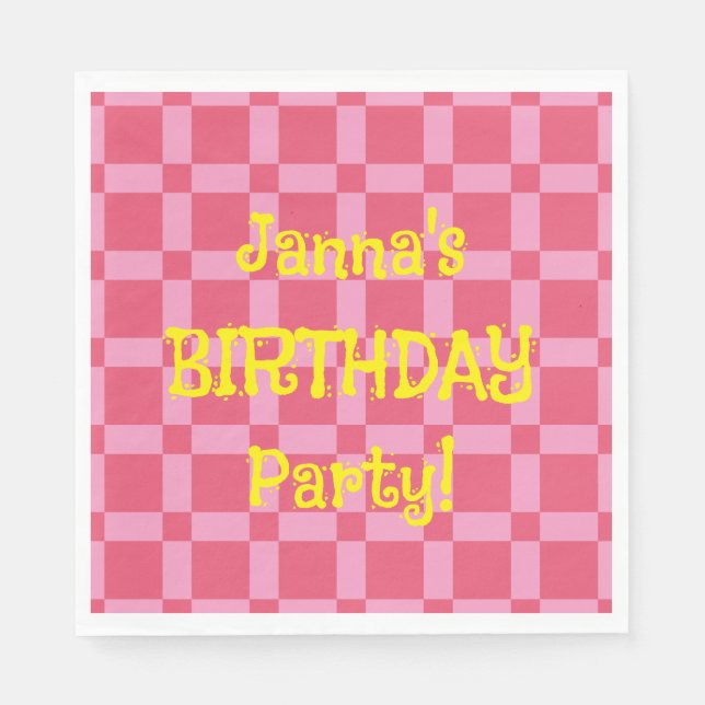 Personalised Birthday Party Pink Chequered Pattern Napkin (Front)