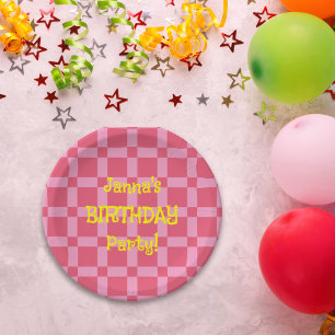Personalised Birthday Party Pink Chequered Pattern Paper Plate