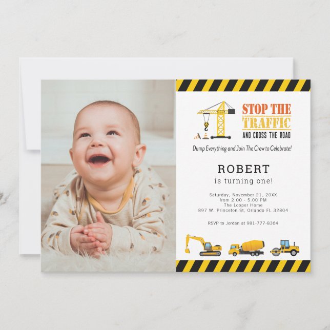 Personalised Birthday Photo Construction Trucks Invitation (Front)
