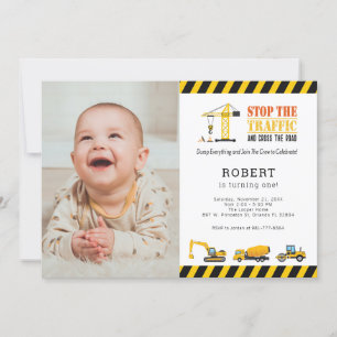 Personalised Birthday Photo Construction Trucks Invitation