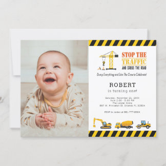 Personalised Birthday Photo Construction Trucks Invitation