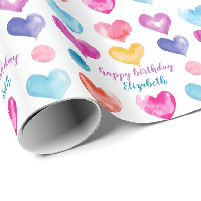 Personalised Birthday Pretty Watercolor Hearts Wrapping Paper (Roll Corner)