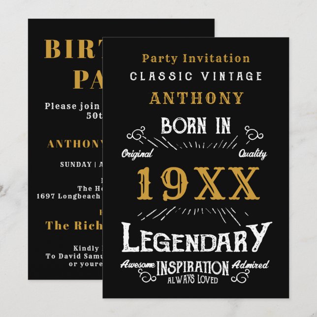 Personalised Birthday Retro Vintage Monogram Invitation (Front/Back)