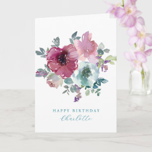 Personalised Birthday Teal & Plum Roses Bouquet    Card