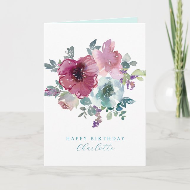 Personalised Birthday Teal & Plum Roses Bouquet   Card (Front)