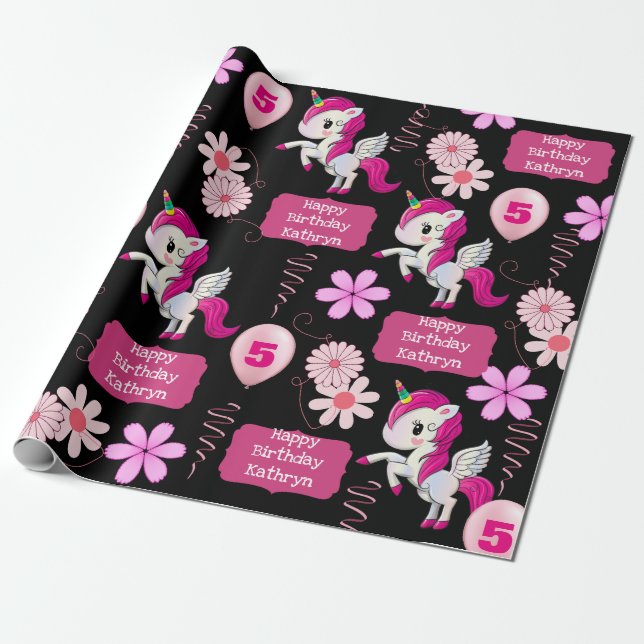 Personalised Birthday Unicorns Wrapping Paper (Unrolled)