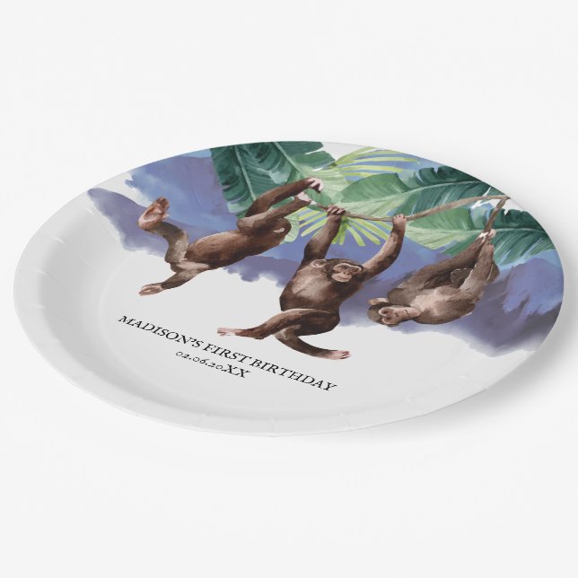 Personalised Birthday Woodland Forest Monkey Paper Plate (Angled)