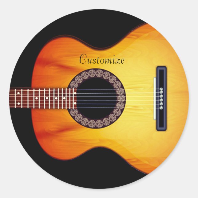Personalised Black Acoustic Guitar Classic Round Sticker (Front)