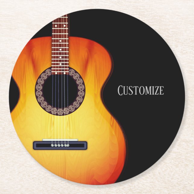 Personalised Black Acoustic Guitar Round Paper Coaster (Front)