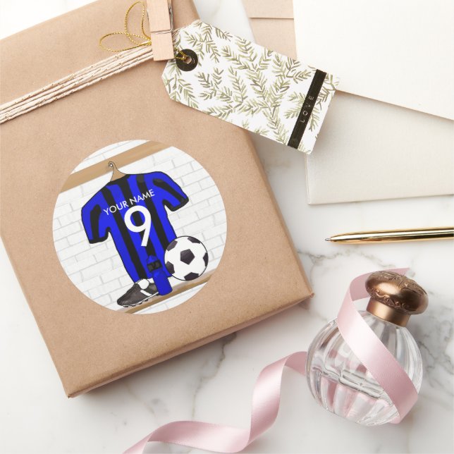 Personalised Black and Blue Football Soccer Jersey Classic Round Sticker (Gifting)