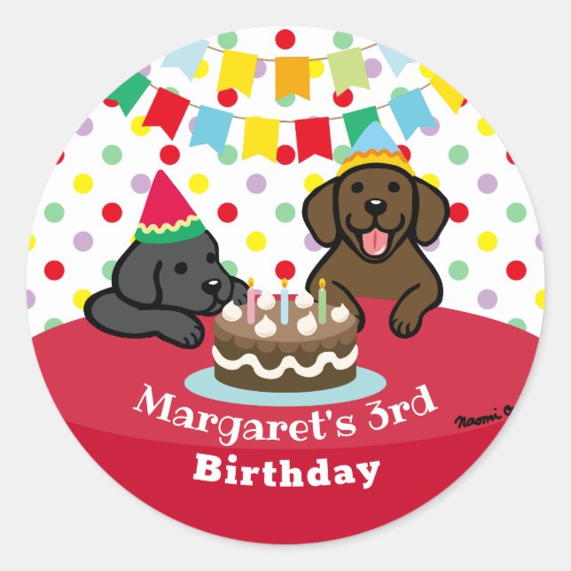 Personalised Black and Chocolate Labs Birthday Classic Round Sticker (Front)