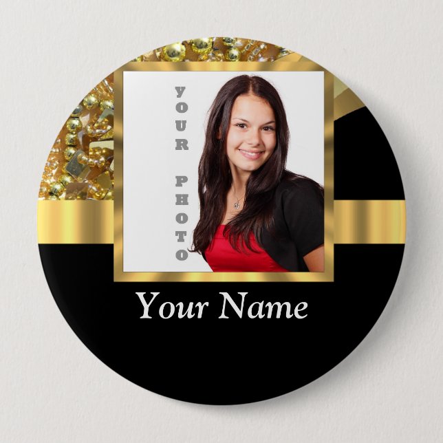 Personalised black and gold 10 cm round badge (Front)