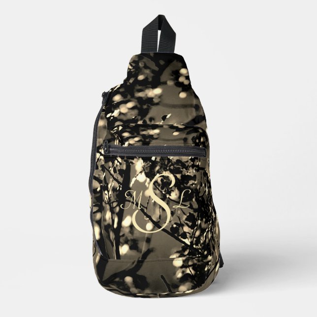 Personalised Black and Gold Abstract Botanical Sling Bag (Front)