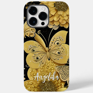 Personalised Black and Gold Butterfly Name Case-Mate iPhone 14 Pro Max Case