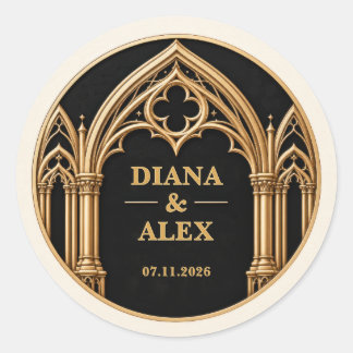 Personalised Black and Gold Cathedral Wedding Classic Round Sticker