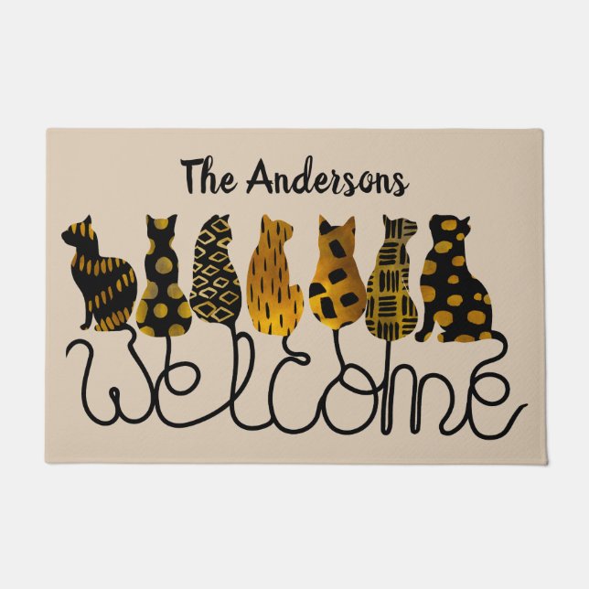 Personalised Black and Gold Cats Welcome Mat (Front)