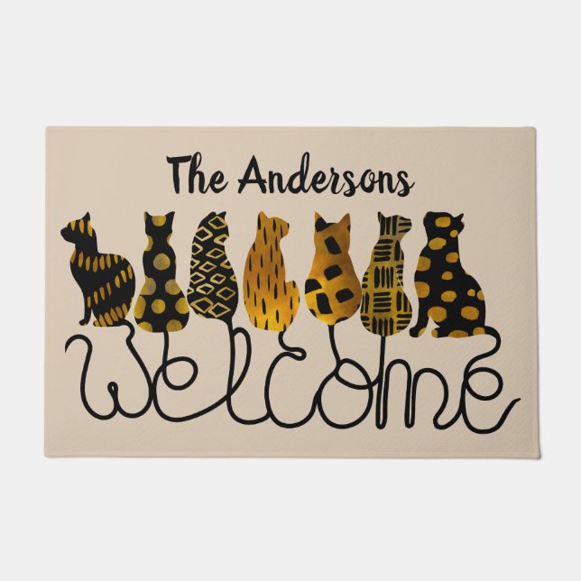 Personalised Black and Gold Cats Welcome Mat (Front)