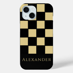 Personalised Black and Gold Check iPhone 15 Case