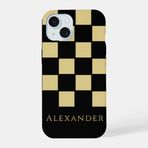 Personalised Black and Gold Check iPhone 15 Case