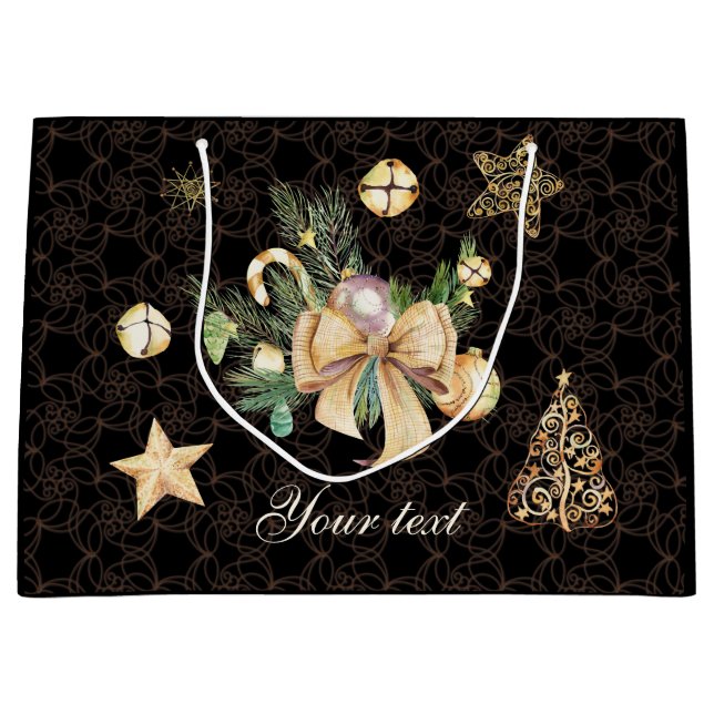 Personalised Black and Gold Christmas Gift Wrap Large Gift Bag (Front)