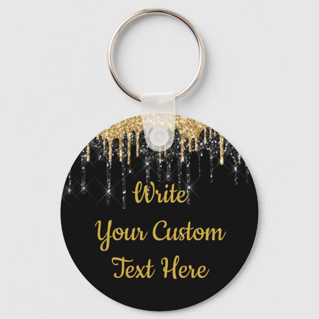 Personalised Black and Gold Glitter Drip Custom Key Ring (Front)