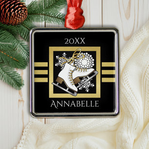 Personalised Black and Gold Glitter Ice Skating Metal Tree Decoration