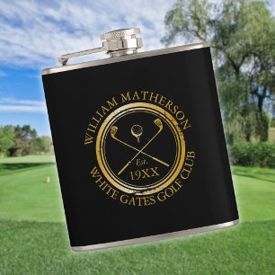 Personalised Black And Gold Golf Club Name Hip Flask