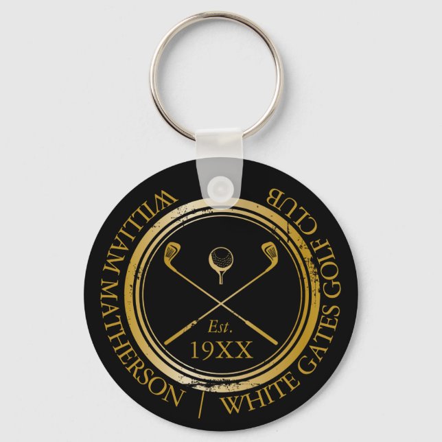 Personalised Black And Gold Golf Club Name Key Ring (Front)