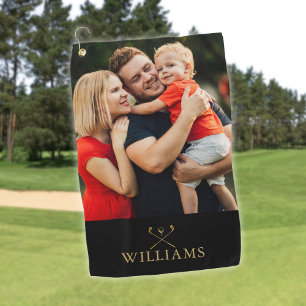 Personalised Black And Gold Golf Clubs Photo Towel