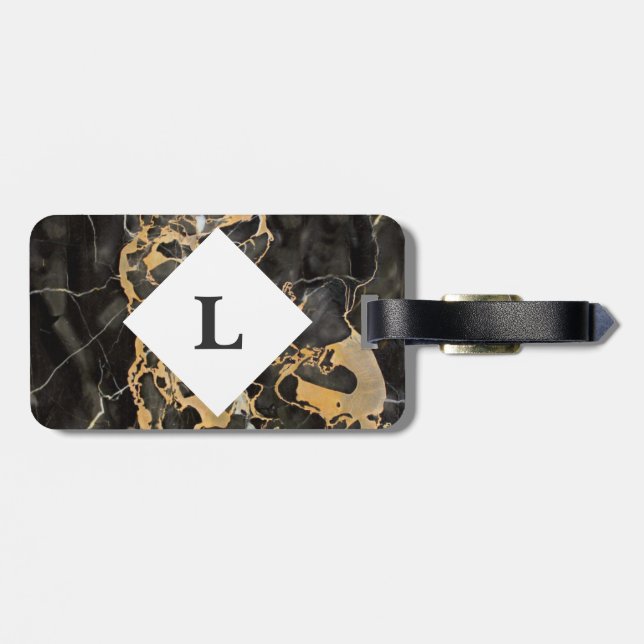 Personalised Black and Gold Marble luggage tag (Back Horizontal)