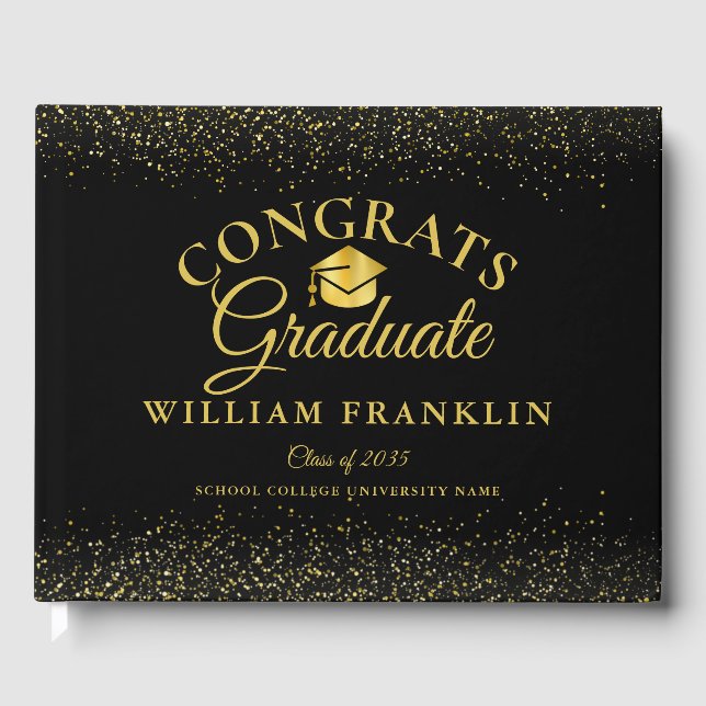 Personalised Black And Gold Modern Graduation Guest Book (Front)