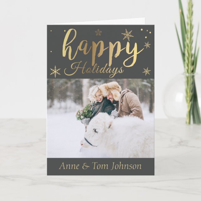 Personalised Black and Gold Photo Christmas Card. Holiday Card (Front)