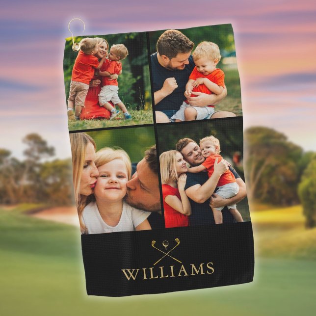 Personalised Black And Gold Photo Collage Golf Towel (Personalized Black And Gold Photo Collage Golf Towe)