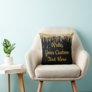 Personalised Black and Gold Pretty Glitter Custom Cushion