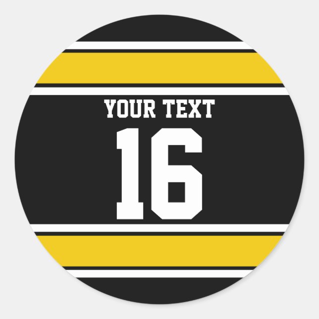Personalised Black and Gold Sports Stripes Classic Round Sticker (Front)