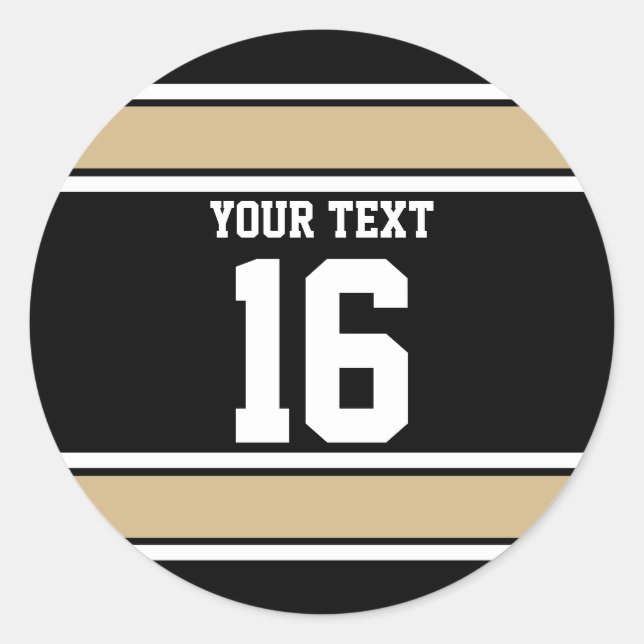 Personalised Black and Gold Sports Stripes Classic Round Sticker (Front)