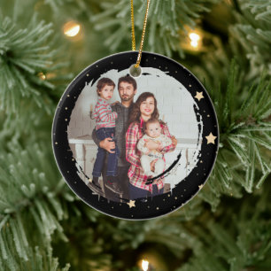 Personalised Black and Gold Star Photo Christmas Ceramic Tree Decoration