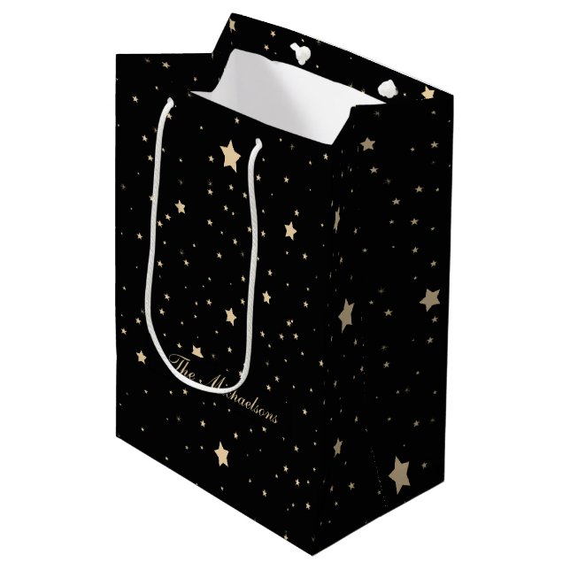 Personalised Black and Gold Starry Night Christmas Medium Gift Bag (Front Angled)