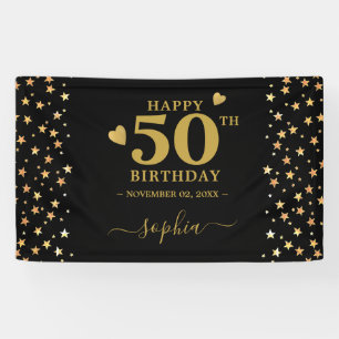 Personalised Black And Gold Stars 50th Birthday Banner