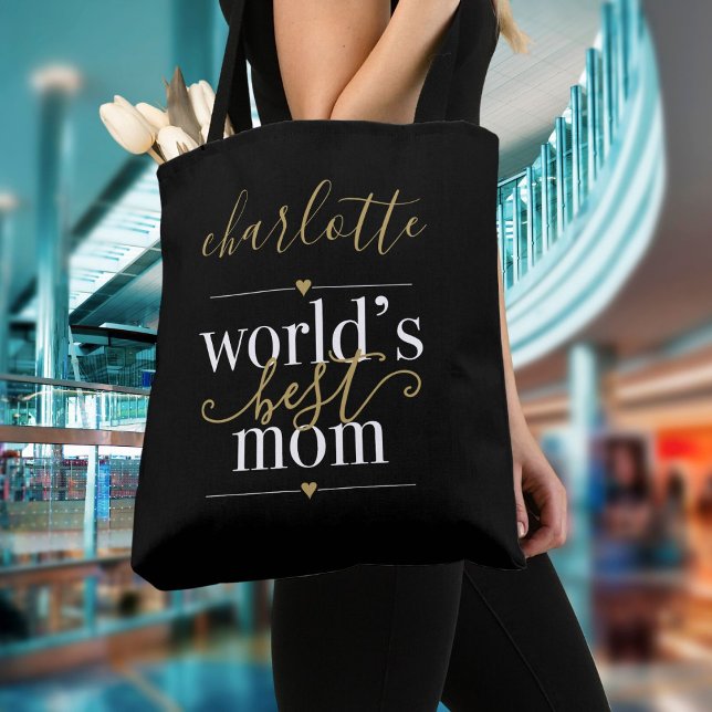 Personalised Black And Gold Worlds Best Mum Tote Bag (Personalized Black And Gold Worlds Best Mom Tote Bag)
