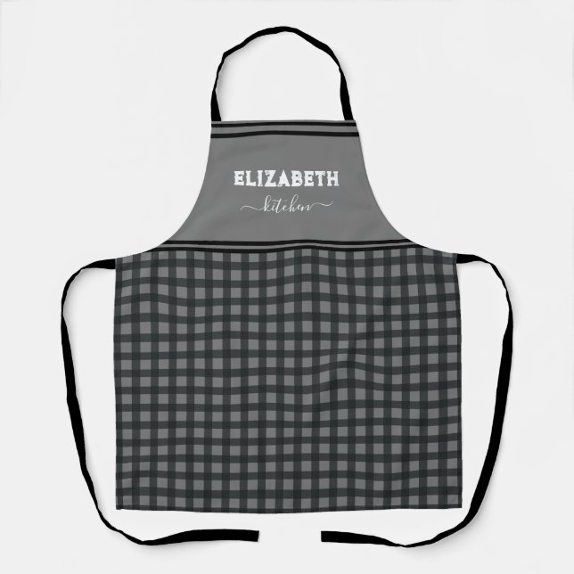 Personalised Black and grey Buffalo Plaid Kitchen Apron (Front)