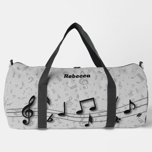 Personalised Black and Grey Music Notes Duffle Bag (Front)