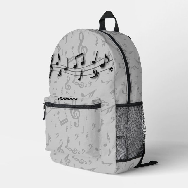 Personalised Black and Grey Music Notes Printed Backpack (Back Corner Right)