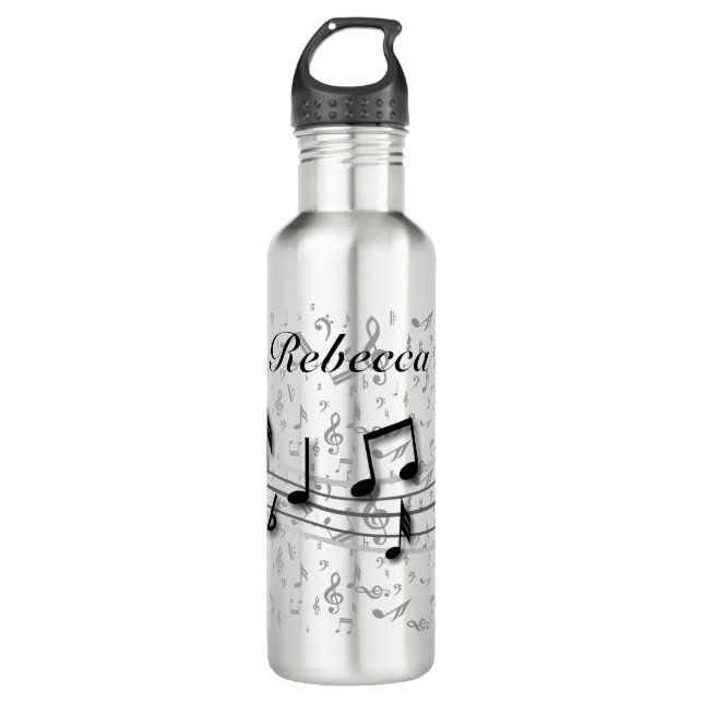 Personalised black and grey musical notes 710 ml water bottle (Front)