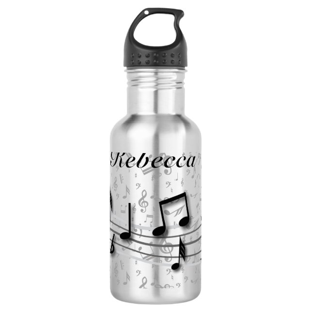 Personalised black and grey musical notes 710 ml water bottle (Front)