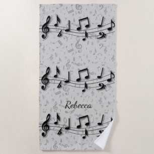 Personalised black and grey musical notes beach towel